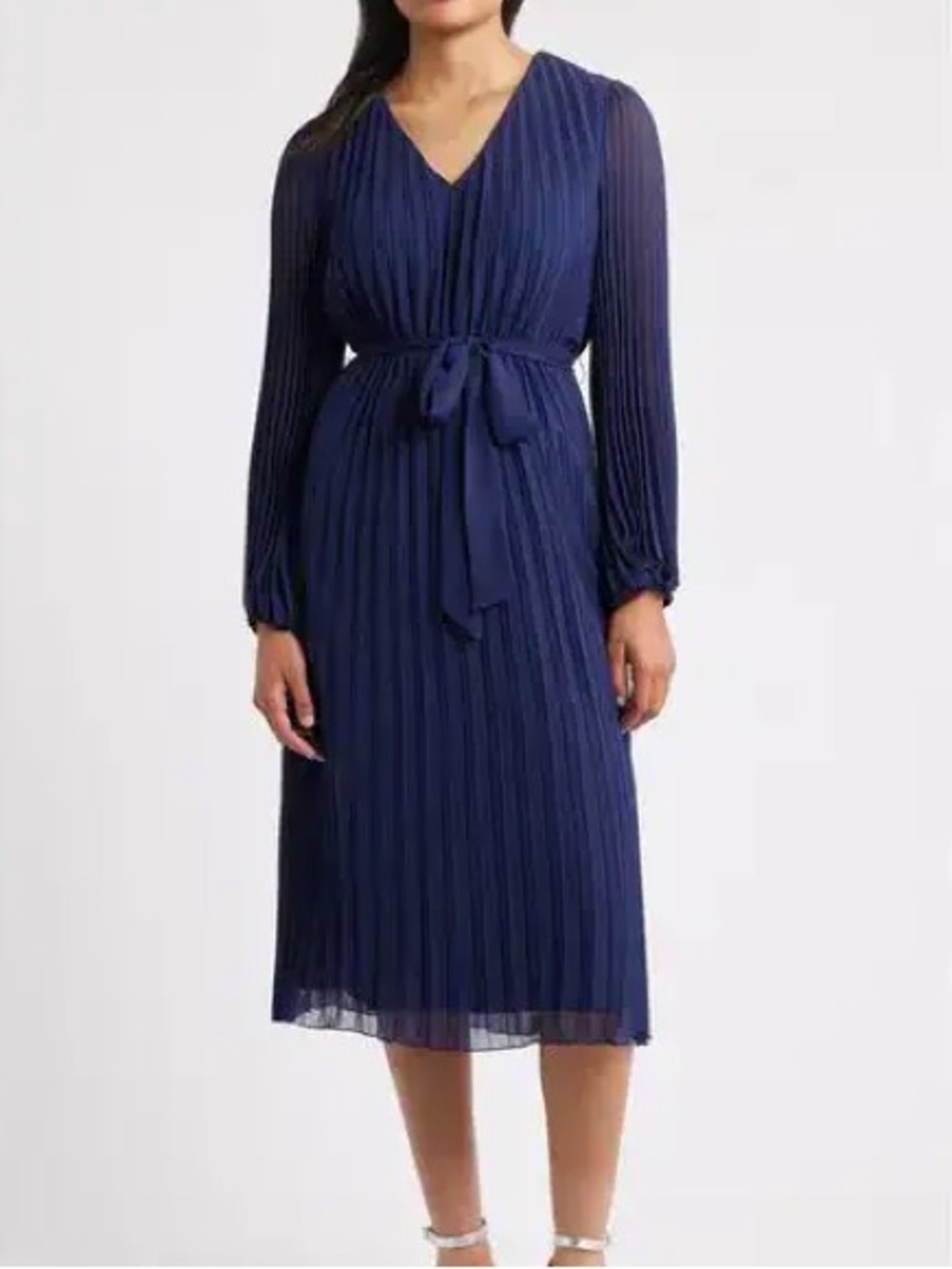Sam Edelman Pleated Chiffon Belted Midi Dress Navy Blue 0 NWOT